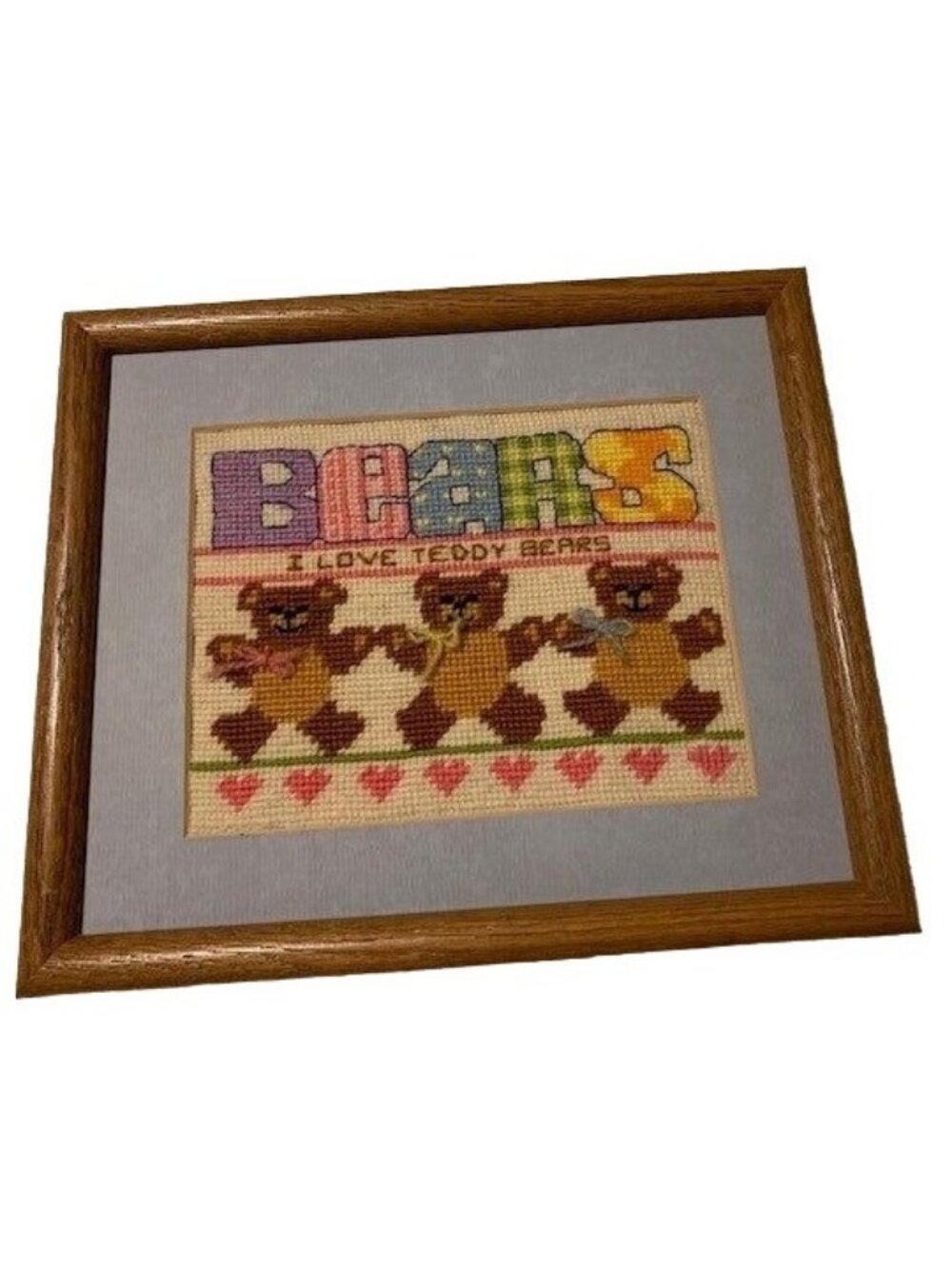 Vintage Bears Cross Stitch Frame "I Love Teddy Bears" Wall Art 8.75"x10" Decor
